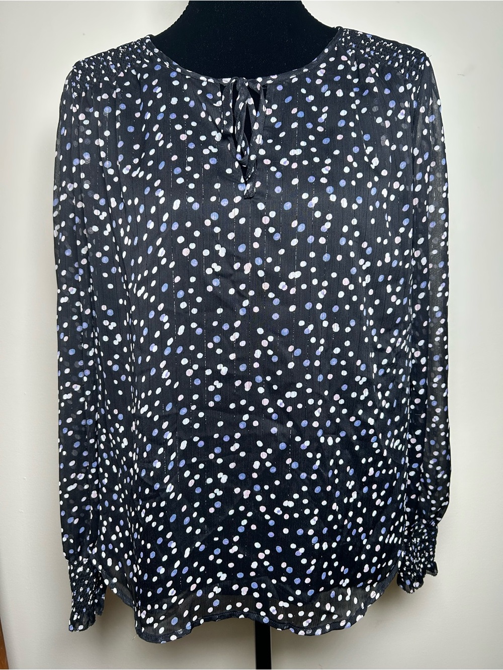 Banana Republic Black Polka Dot Tie-Neck Blouse Size Medium